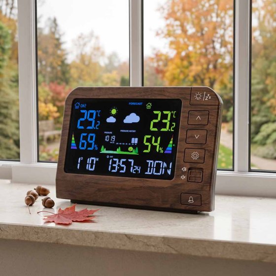 Station météo de table télécommandée, aspect bois 