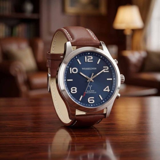Zonne-energiehorloge met radiografische tijdsaanduiding en leren band 