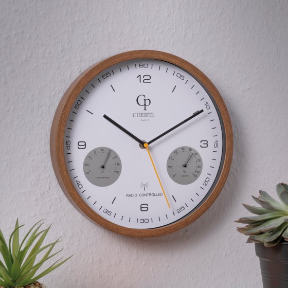 Horloge murale radiopilotée « Thermo/hydro » aspect bois 
