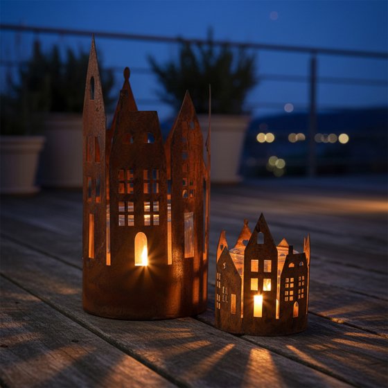 Maisonnette rouillée avec verre pour bougie 