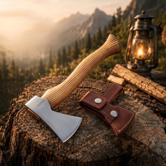 Handbijl met leren etui 