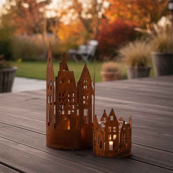 Maisonnette rouillée avec verre pour bougie 