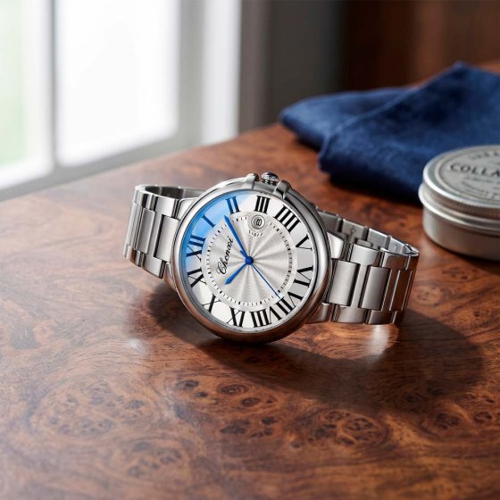 Herenhorloge met blauwe wijzers 