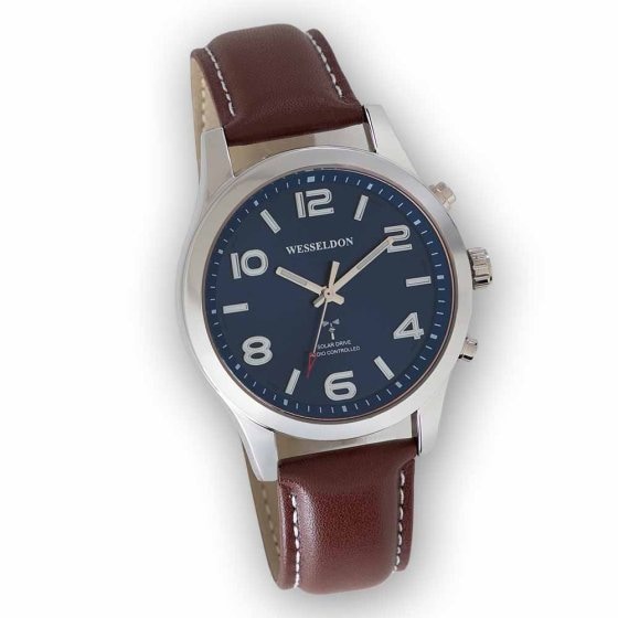 Zonne-energiehorloge met radiografische tijdsaanduiding en leren band 
